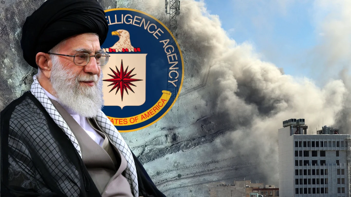 CIA miało odegrać kluczową rolę w ataku na Iran Starszy mężczyzna w turbanie i okularach siedzi na pierwszym planie, w tle widoczny symbol CIA oraz kłęby dymu unoszące się nad zniszczonymi budynkami.