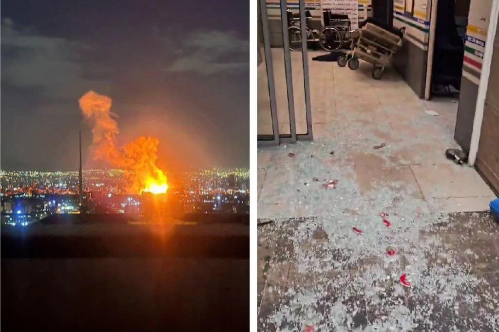 Iran. Gwałtowna wymiana ognia na Bliskim Wschodzie Nocna panorama miasta z dużą eksplozją i ogniem na horyzoncie, obok fragment wnętrza budynku z rozbitą szybą, szkłem na podłodze i śladami krwi.