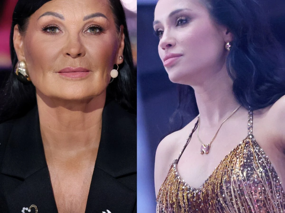 Iwona Pavlović, Natsu Dwie eleganckie kobiety, jedna z ciemnymi włosami w marynarce i biżuterii, druga w błyszczącej złotej sukni ze stylową fryzurą i delikatną biżuterią.