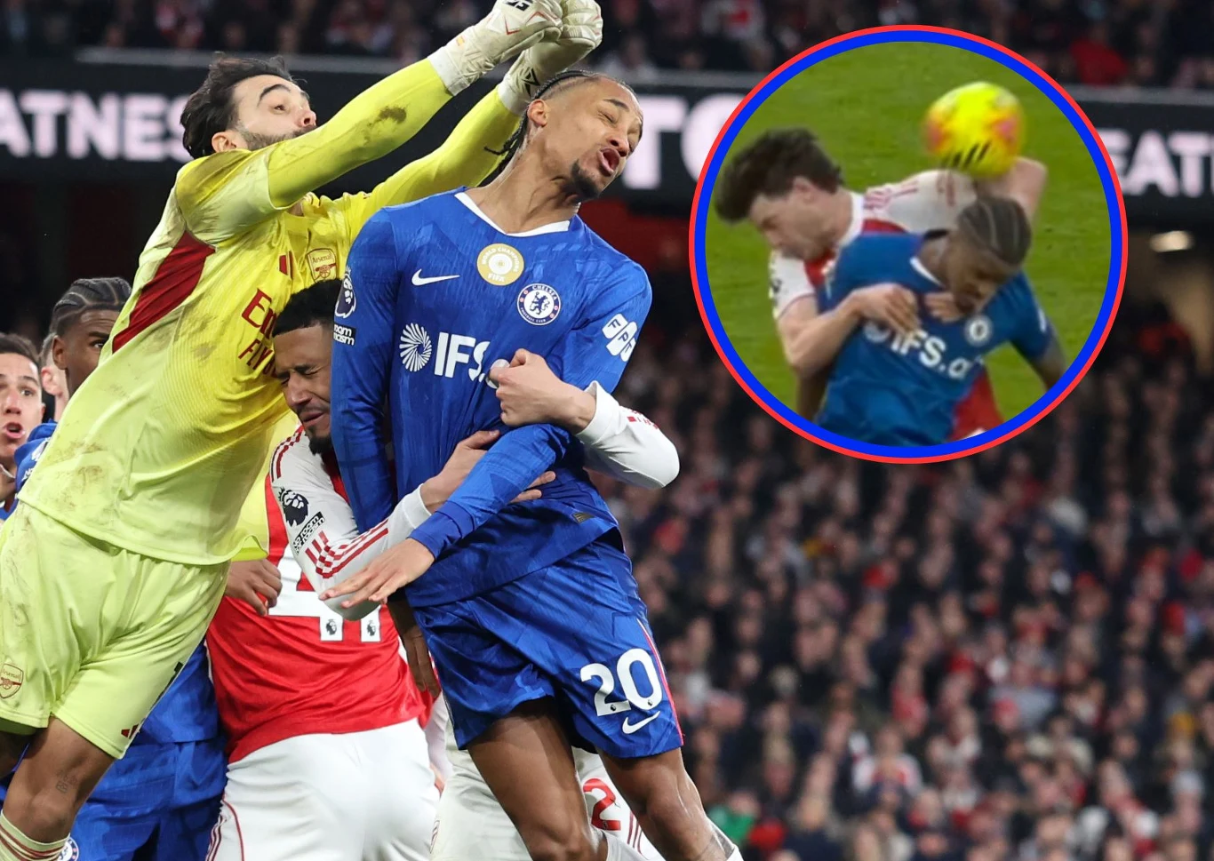 Kontrowersje sędziowskie z meczu Arsenal - Chelsea Bramkarz w żółtym stroju próbujący wybić piłkę podczas meczu piłki nożnej, w otoczeniu zawodników w niebieskich i czerwono-białych strojach, wokół intensywna walka o piłkę, a w rogu powiększenie wskazujące kolizję między dwoma piłkarzami.