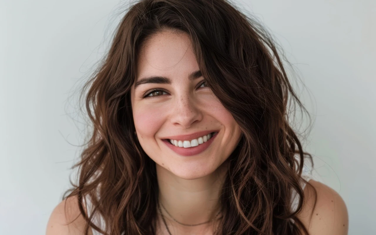 Kobieta z piegami, rozpuszczone ciemne włosy, uśmiecha się