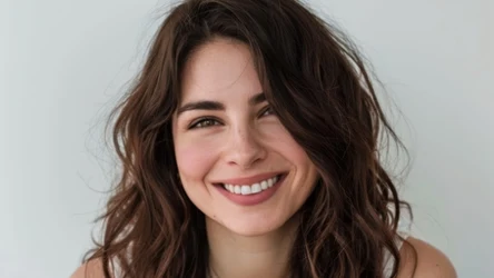 Kobieta z piegami, rozpuszczone ciemne włosy, uśmiecha się