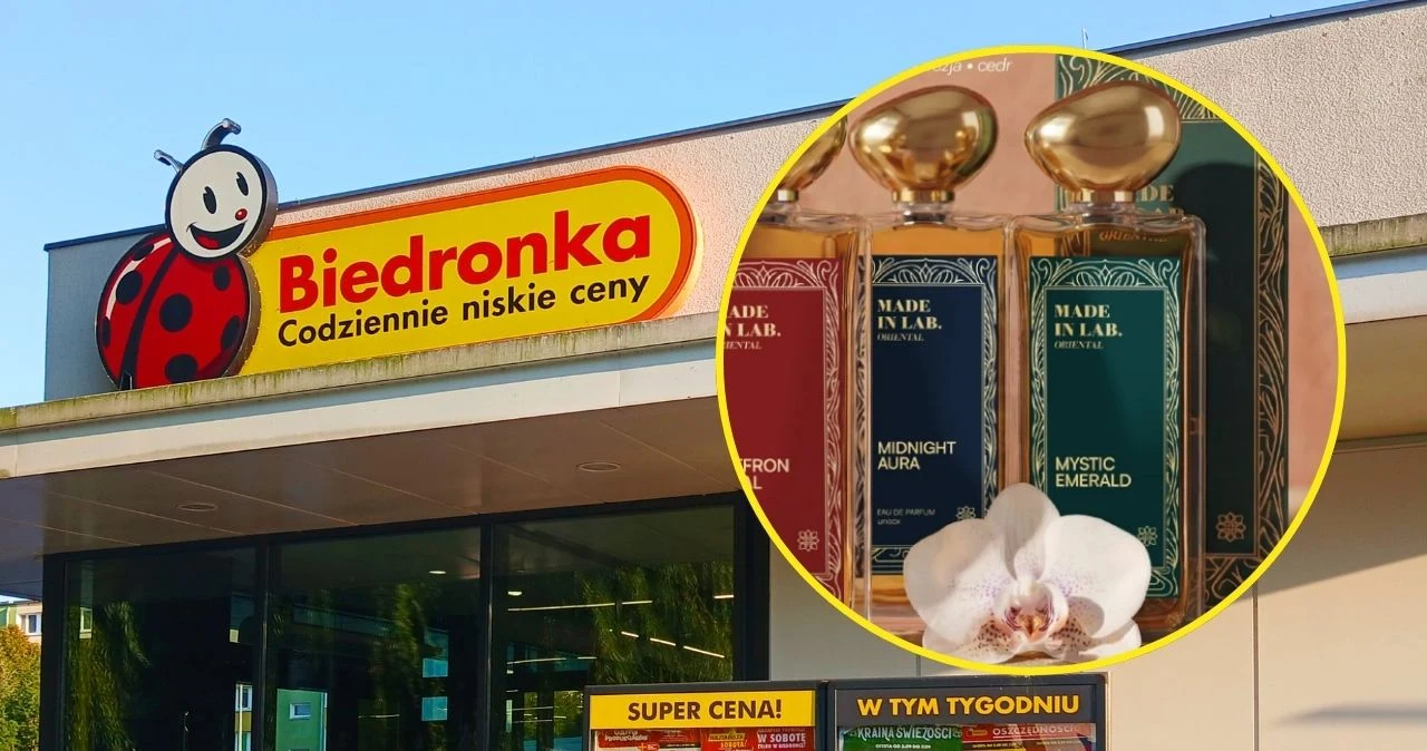 Tani prezent na Dzień Kobiet. Biedronka z perfumami poniżej 40 zł Fasada supermarketu Biedronka z wyraźnym logo oraz napisem Codziennie niskie ceny, a na powiększonym fragmencie trzy eleganckie flakony perfum marki Made in Lab na tle dekoracyjnego elementu z kwiatem orchidei.