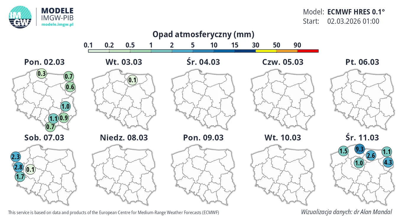 Pierwsza połowa marca zapowiada się na spokojną i przeważnie bez opadów. Czeka nas wiele dość słonecznych dni Mapy pogody prezentujące prognozowane sumy opadów atmosferycznych na najbliższe dni dla różnych regionów Polski wraz ze skalą kolorystyczną odpowiadającą wysokości opadów wyrażonej w milimetrach.