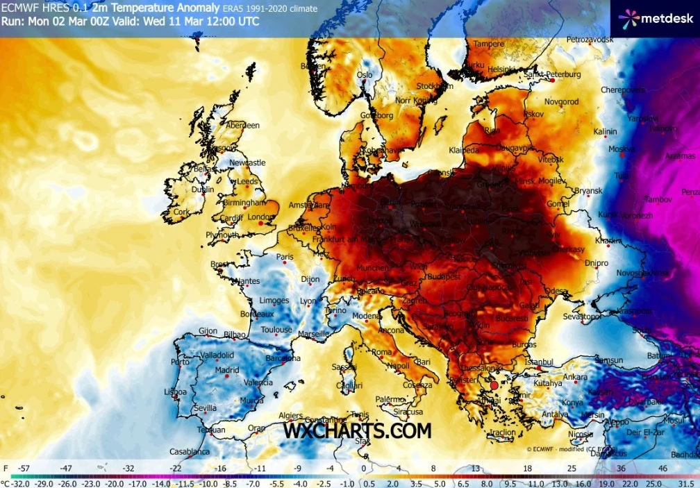 Możliwe, że w przyszłą środę dodatnia anomalia temperatury w Polsce będzie wyjątkowo duża Mapa Europy ilustrująca anomalię temperatur, z centralną i wschodnią częścią kontynentu oznaczoną ciemnoczerwonym kolorem, wskazującym na znacznie wyższe temperatury od normy, podczas gdy zachodnie i północne obszary są chłodniejsze.