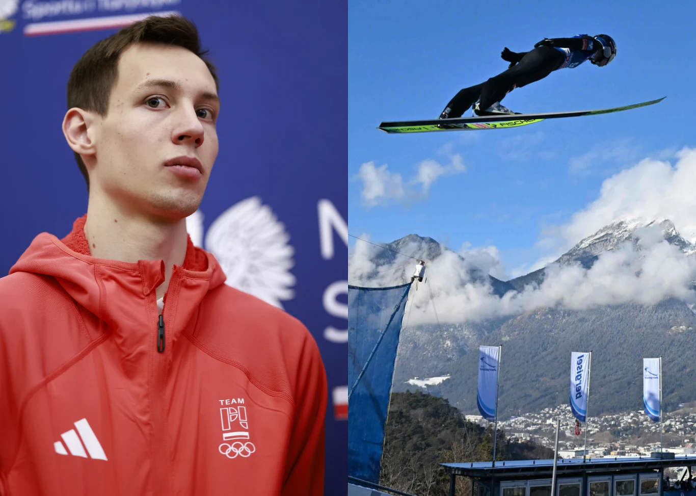 Skoki narciarskie. Na zdjęciu Kacper Tomasiak oraz Stephan Embacher (w locie) Skoki narciarskie. Kacper Tomasiak i Stephan Embacher - faworyci mistrzostw świata juniorów