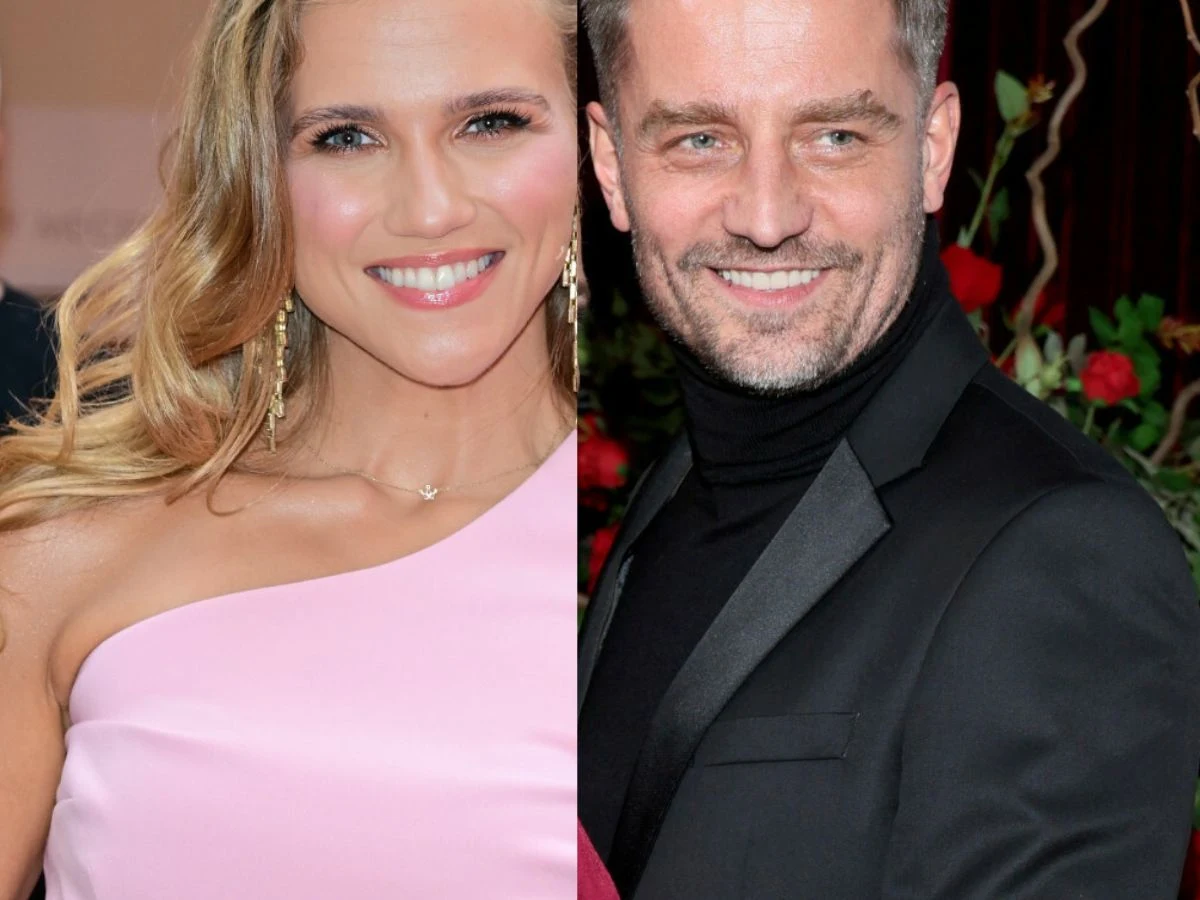 Agnieszka Kaczorowska, Marcin Rogacewicz Agnieszka Kaczorowska i Marcin Rogacewicz z uśmiechami na twarzach. Eleganckie stroje sugerują gotowość do tanecznych wyzwań.