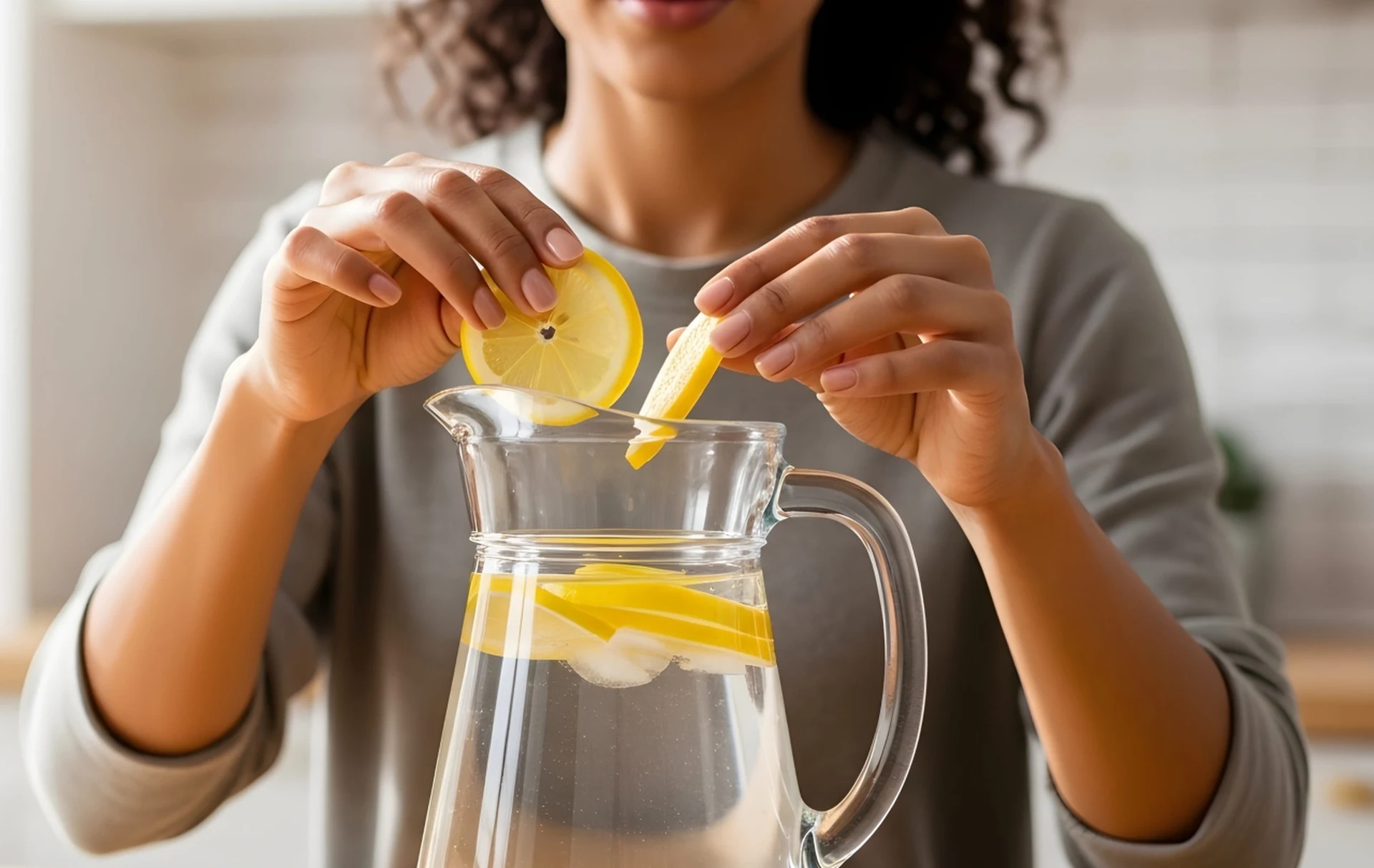 kobieta wyciska sok z cytryny do wody w dzbanku