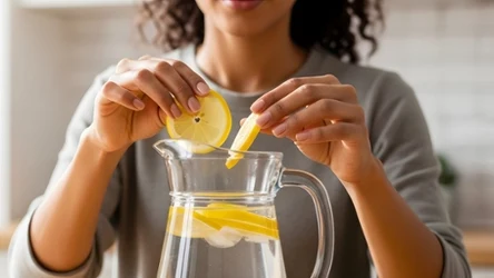 kobieta wyciska sok z cytryny do wody w dzbanku