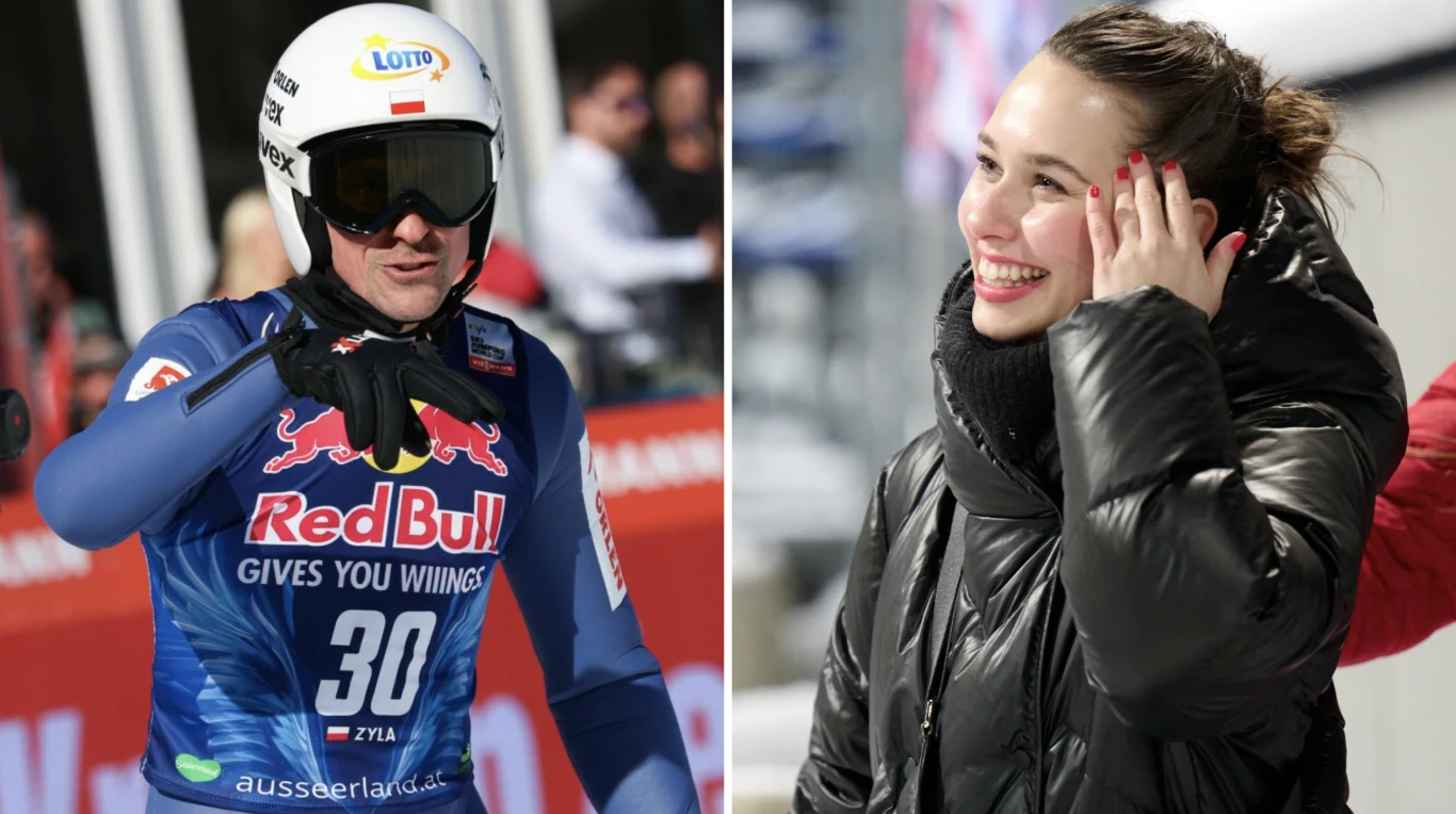 Z lewej strony sportowiec w kombinezonie narciarskim z numerem startowym 30, kaskiem i goglami, w tle rozmazane sylwetki ludzi; po prawej uśmiechnięta kobieta w czarnej, puchowej kurtce poprawia włosy.