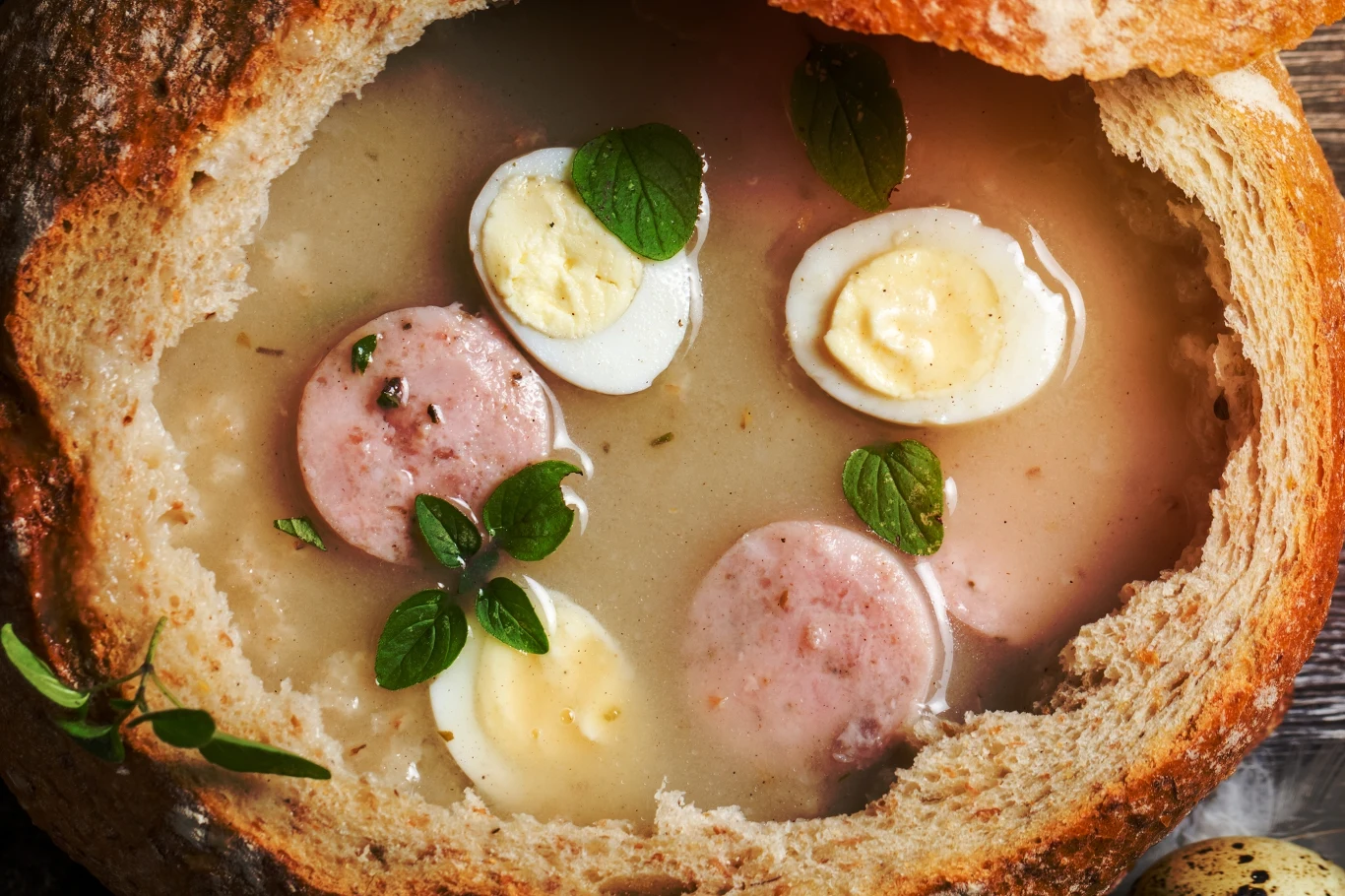 Żurek podany w chlebie, z plasterkami białej kiełbasy, jajka na twardo i świeżymi listkami ziół unoszącymi się na powierzchni zupy.