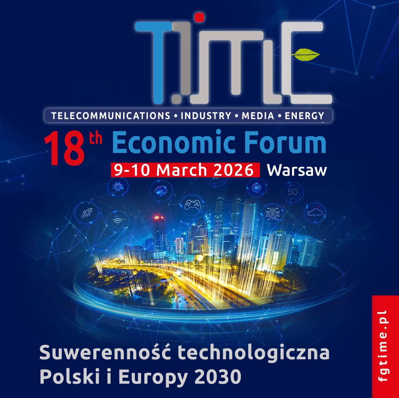 W Warszawie odbędzie się dwudniowe, 18. Forum Gospodarcze TIME Logo 18. Forum Gospodarczego TIME na tle panoramy Warszawy