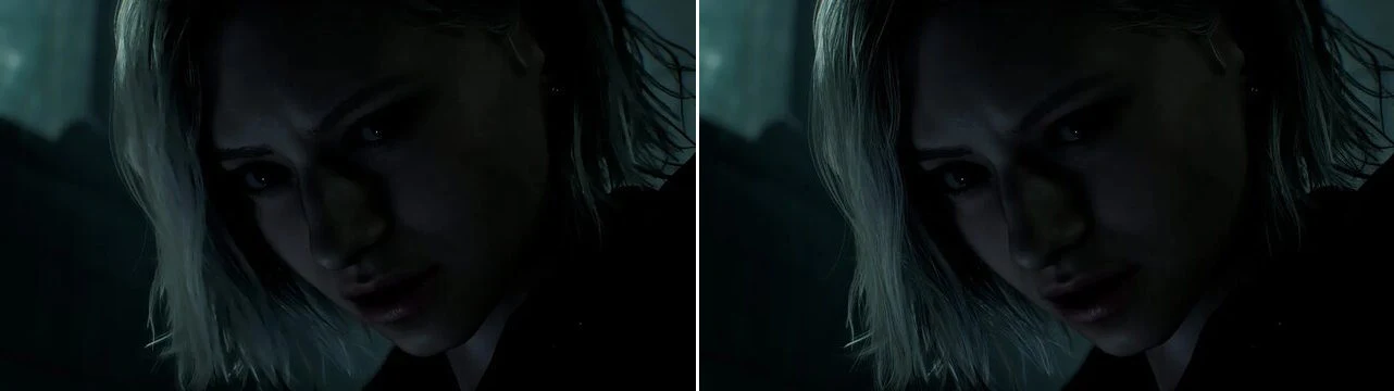 Blondynka o krótkich włosach spoglądająca z powagą w półmroku, twarz oświetlona słabym, zimnym światłem, w tle rozmazane ciemne kształty.