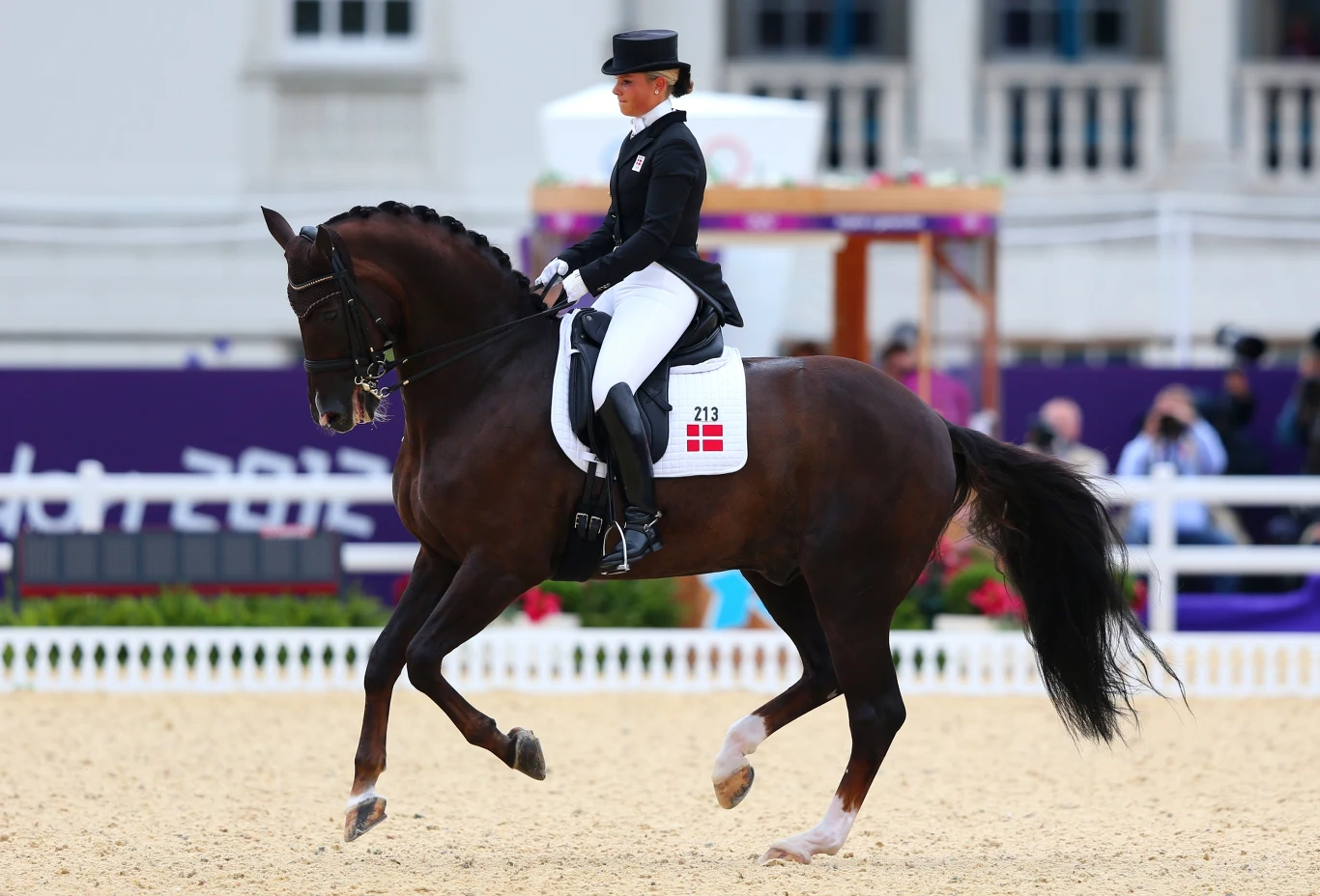 Zawodniczka w eleganckim stroju jeździeckim wykonuje ujeżdżenie na ciemnym koniu na piaszczystej arenie, białe ogrodzenie wyznacza granice placu, na numerze startowym widnieje flaga Danii.