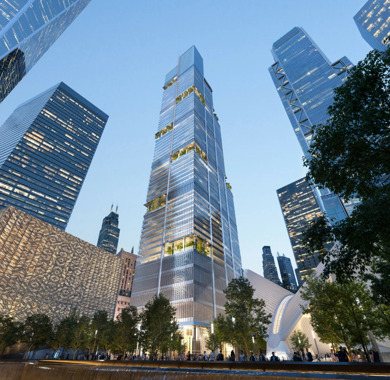 Wysoki nowoczesny wieżowiec z przeszklonymi elewacjami otoczony innymi drapaczami chmur, u dołu zieleń miejskiego parku oraz widoczne geometryczne budynki o unikalnej architekturze.