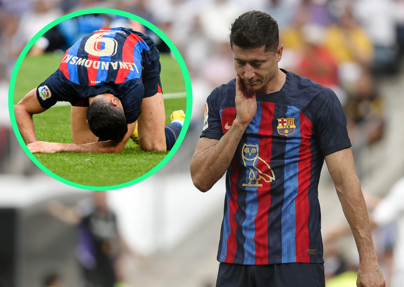 Robert Lewandowski Robert Lewandowski w koszulce FC Barcelony stoi i trzyma się za szyję, w tle powiększenie klęczącego na murawie.