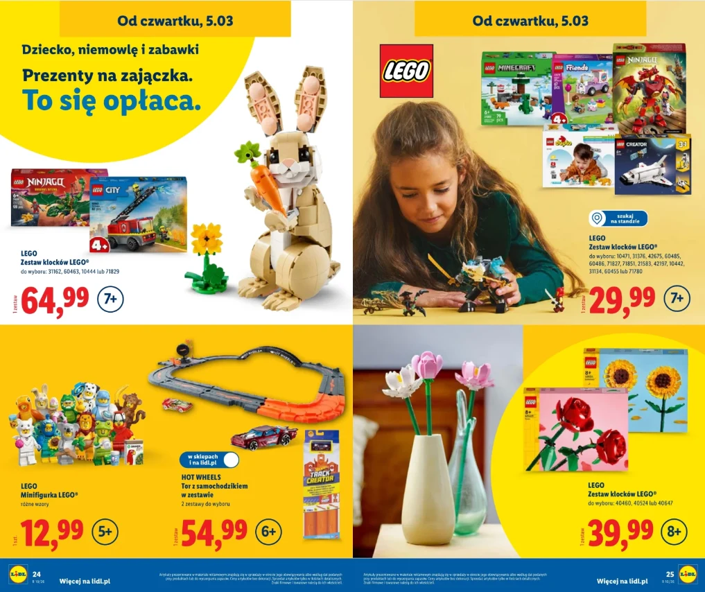 Cztery sekcje reklamujące różne zestawy LEGO, w tym dużą figurkę królika z kwiatem, dziewczynkę bawiącą się klockami LEGO, zestaw toru wyścigowego z samochodem oraz zestawy kwiatów LEGO umieszczone w wazonach; na każdej sekcji widoczne ceny i sugerowan...