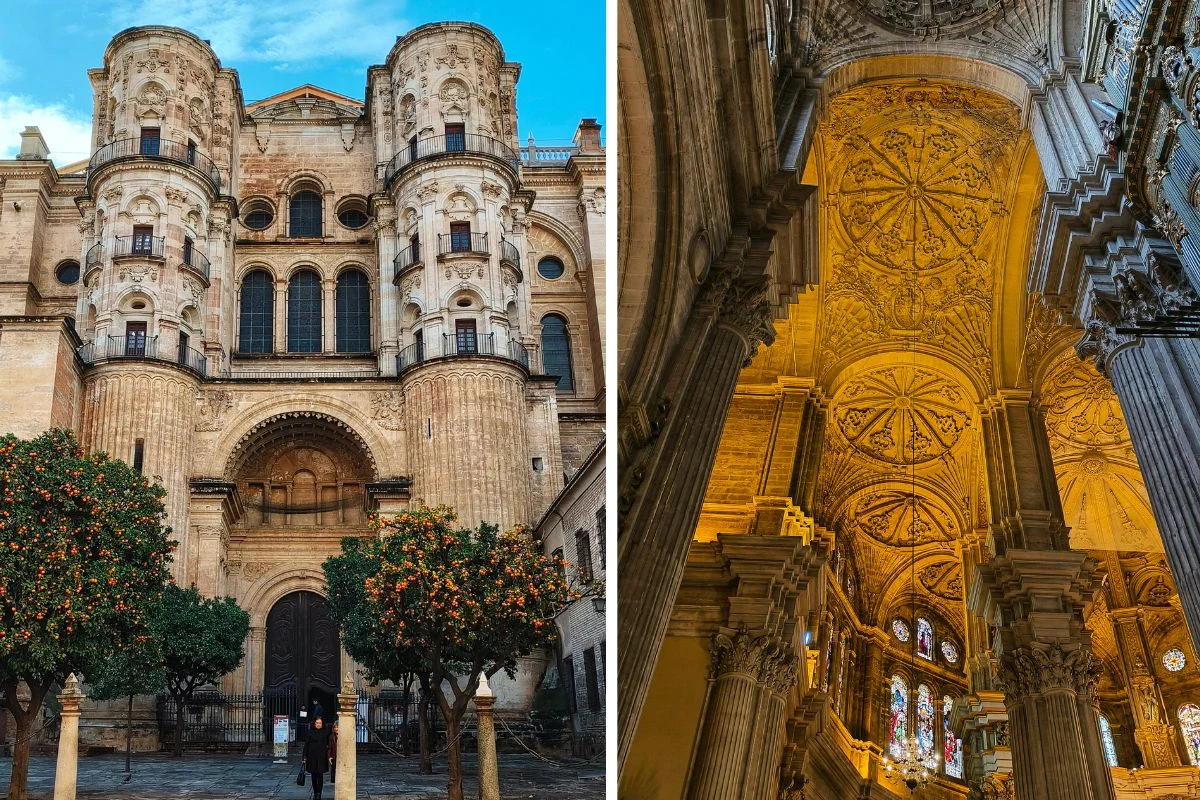 Fasada imponującej katedry z dwoma masywnymi wieżami i zdobionym wejściem otoczona drzewami pomarańczowymi; wnętrze świątyni z wysokimi, bogato rzeźbionymi sklepieniami, kamiennymi kolumnami i kolorowymi witrażami.