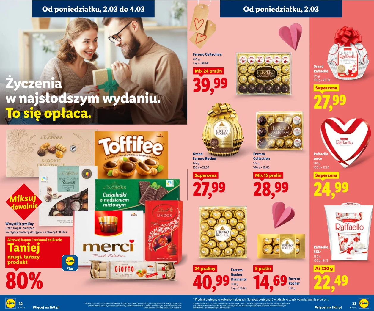 Słodkie prezenty na Dzień Kobiet w Lidlu – praliny Ferrero, Raffaello i czekoladki w promocji do 4.03 Różnorodne słodycze markowe, takie jak Ferrero Rocher, Toffifee, Merci oraz Raffaello ułożone w atrakcyjne zestawy prezentowe, opatrzone promocyjnymi cenami na jasno żółtym tle, z akcentami serc i grafiką przedstawiającą uśmiechniętą parę wręczającą so...