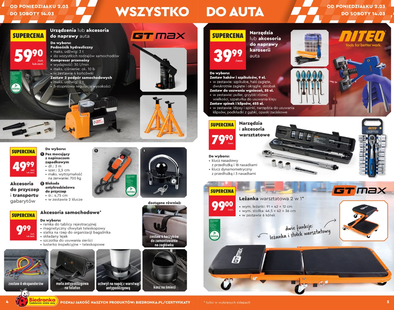 Warsztat Niteo w Biedronce – podnośnik, kompresor, narzędzia i leżanka warsztatowa w promocji do 18.03 Oferta promocyjna narzędzi i akcesoriów samochodowych z cenami i zdjęciami produktów, takich jak podnośnik hydrauliczny, stojaki, leżanka warsztatowa, zestawy śrubokrętów, bitów oraz inne praktyczne narzędzia do napraw i pielęgnacji auta, wszystko na t...