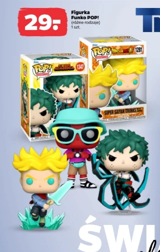 Trzy figurki kolekcjonerskie Funko POP! przedstawiające postacie z popularnych anime, ustawione na tle kolorowych pudełek, z widoczną ceną promocyjną 29 PLN w lewym górnym rogu.