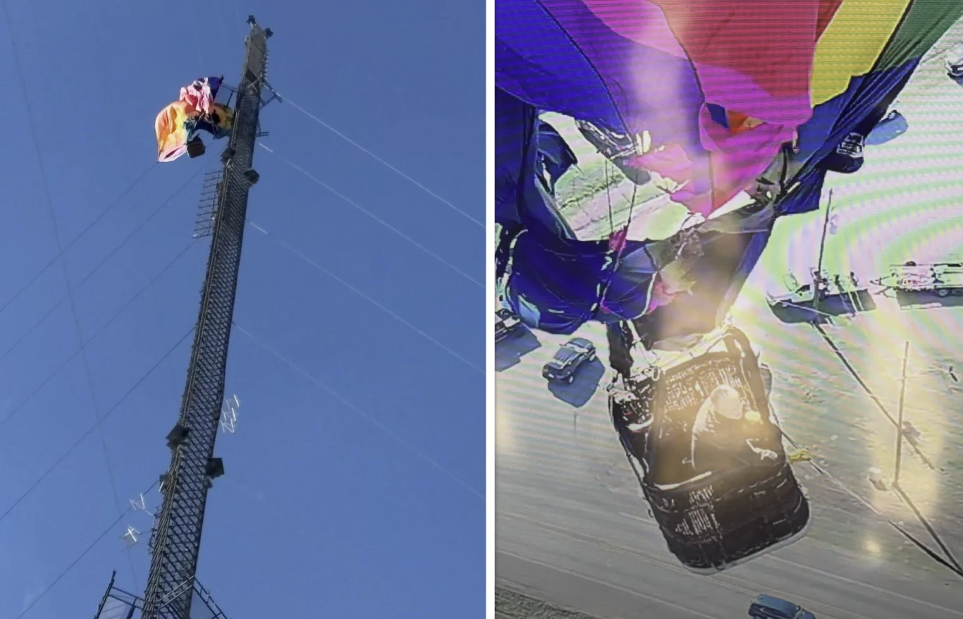 Dwóch pasażerów balonu uratowanych po zderzeniu z wieżą telefonii komórkowej w Teksasie Ratownicy Longview Fire Department podczas akcji zabezpieczania balonu i ratowania pasażerów.