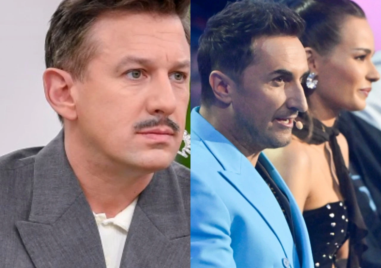 Maciej Rock, Sebastian Karpiel-Bułecka i Natalia Szroeder Maciej Rock w szarym garniturze, obok Sebastian Karpiel-Bułecka i Natalia Szroeder w studiu telewizyjnym.