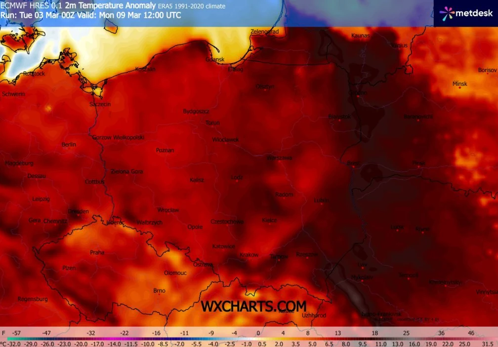 Mapa Polski przedstawiająca anomalię temperatury na tle wieloletniej średniej, z wyraźnie podwyższonymi wartościami temperatury, szczególnie w centralnej i wschodniej części kraju, gdzie dominuje intensywny, czerwony kolor oznaczający wyższą temperatur...