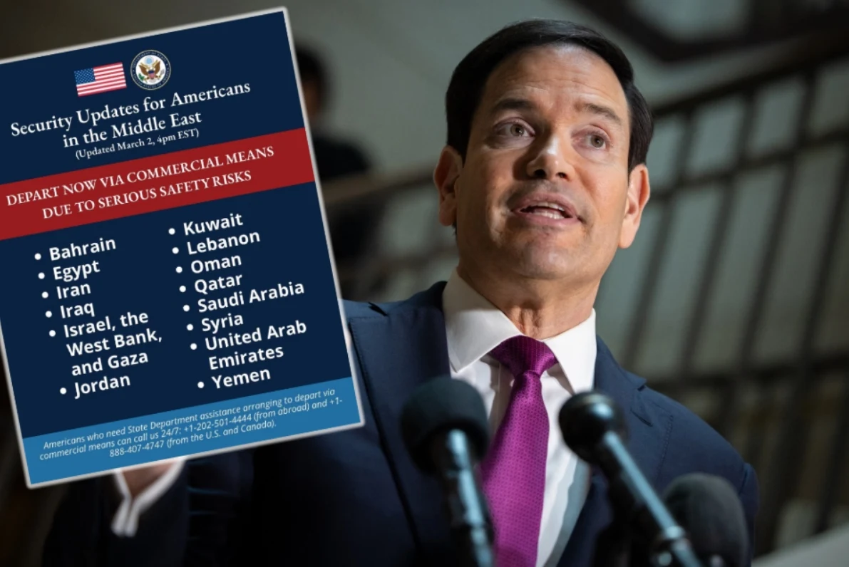 Departament Stanu USA apeluje do amerykańskich obywateli na Bliskim Wschodzie Marco Rubio z listą krajów na Bliskim Wschodzie