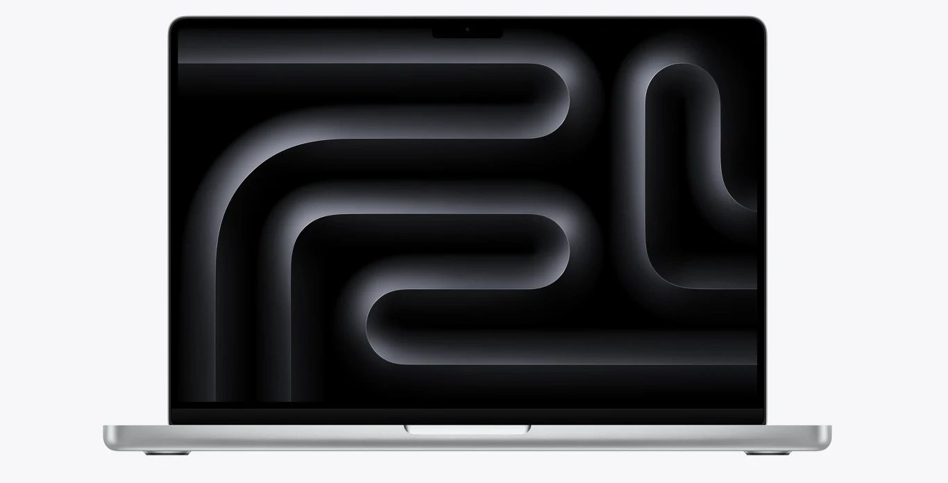 Srebrny laptop z dużym, cienkoramkowym ekranem, na którym wyświetla się abstrakcyjna, czarno-szara grafika z zaokrąglonymi liniami i gradientowym światłocieniem.