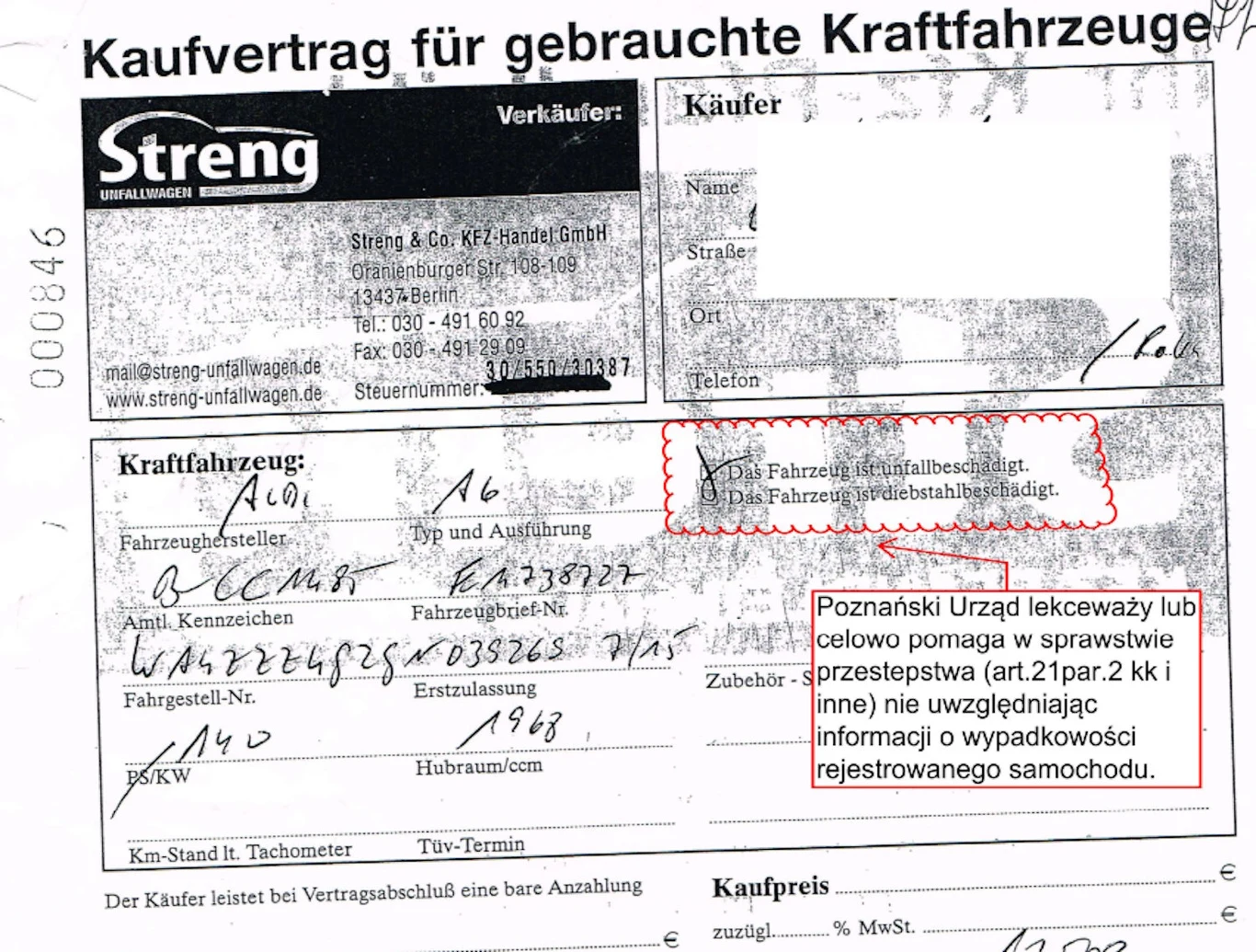 Umowa kupna-sprzedaży używanego samochodu marki BMW zawierająca dane pojazdu, w tym numer rejestracyjny, numer VIN i rocznik oraz adnotację o braku informacji dotyczących wypadkowości pojazdu na podstawie urzędowych rejestrów.