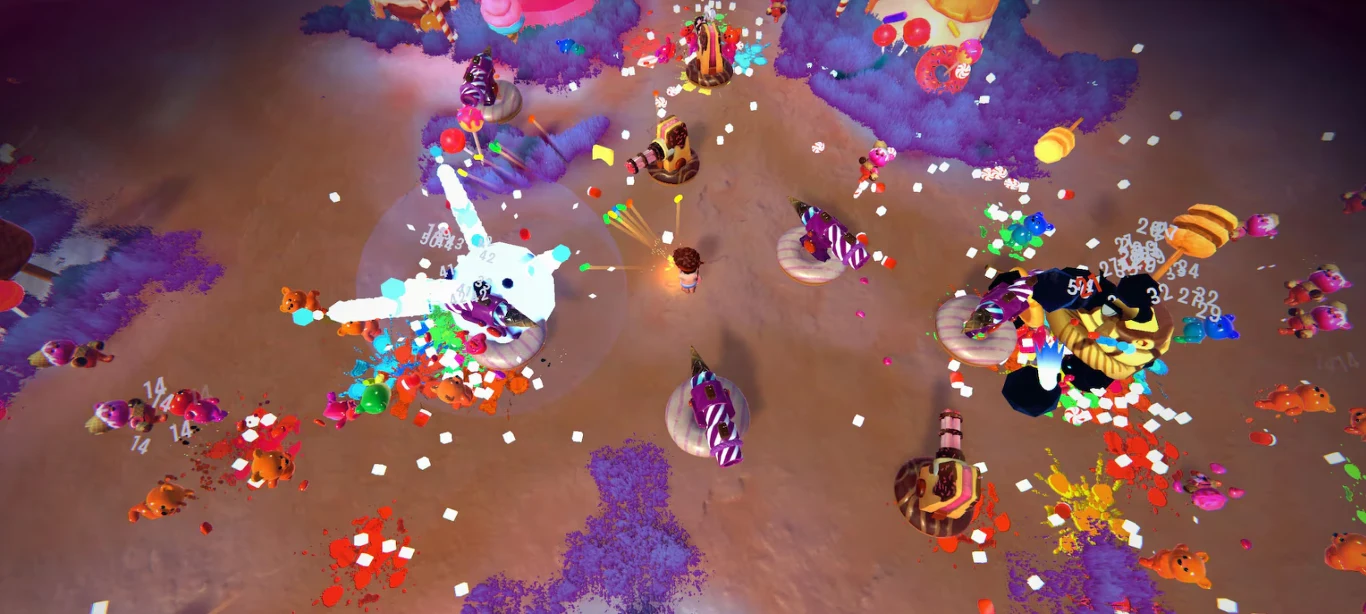 Kolorowa, fantazyjna plansza z widokiem z góry, z licznymi postaciami, słodyczami i cukierkami rozmieszczonymi po całej powierzchni, otoczona jaskrawymi elementami dekoracyjnymi w fioletowych i czerwonych odcieniach.