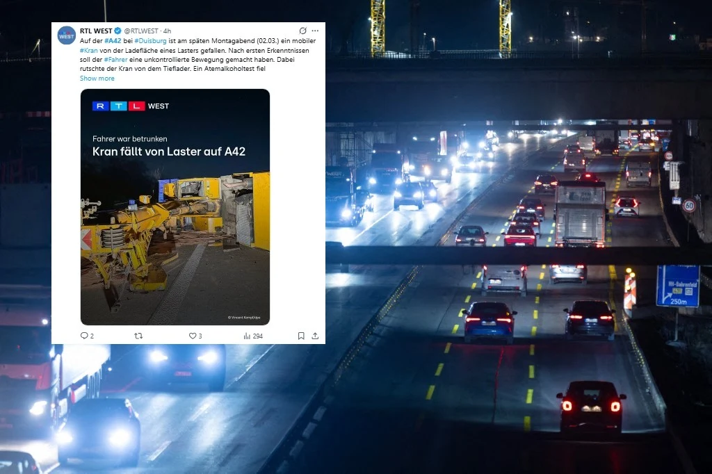 Pijany Polak zablokował niemiecką autostradę A42, po tym jak dźwig spadł z jego ciężarówki Ekran niemieckiego serwisu z informacją o wypadku dźwigu na autostradzie A42