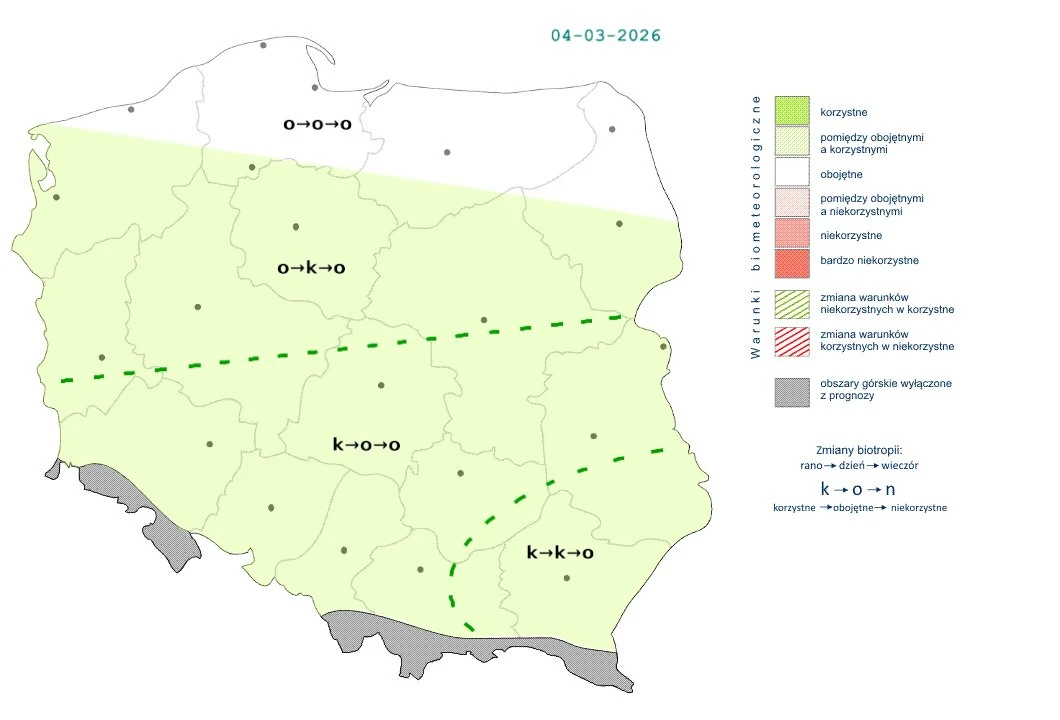 Mapa Polski z oznaczeniem obszarów korzystnych dla rozwoju rolnictwa na tle podziału administracyjnego; kolorem zielonym wyróżniono regiony korzystne i bardzo korzystne, z dodatkowymi symbolami wskazującymi specyficzne zmiany biologiczne, a linie przer...