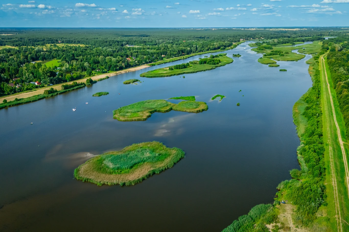 Rzeka z licznymi zielonymi wysepkami, otoczona rozległymi lasami i łąkami, po lewej stronie widoczne zabudowania, po prawej szeroki pas wałów porośniętych trawą.
