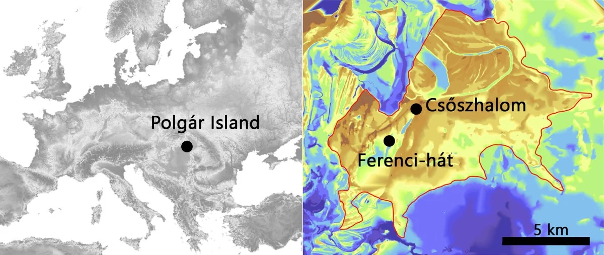 Stanowiska archeologiczne Polgár-Ferenci-hát oraz Polgár-Csőszhalom na mapie Europy i regionu Mapa Europy z zaznaczoną lokalizacją Polgár Island oraz szczegółowa mapa topograficzna okolicy, obejmująca oznaczone obszary Csőszhalom i Ferenci-hát, z wyraźnym podziałem na różne wysokości terenu za pomocą kolorów i skalą odległości 5 km.