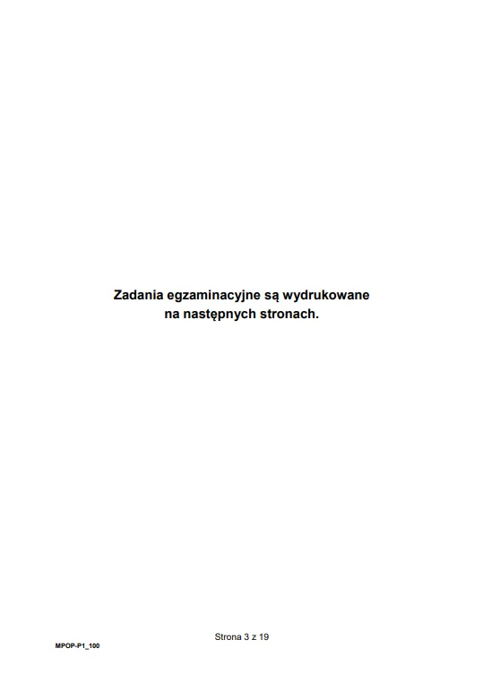 Czarny napis na białym tle informujący, że zadania egzaminacyjne znajdują się na kolejnych stronach, z numerem strony na dole oraz drobnym oznaczeniem w lewym dolnym rogu.