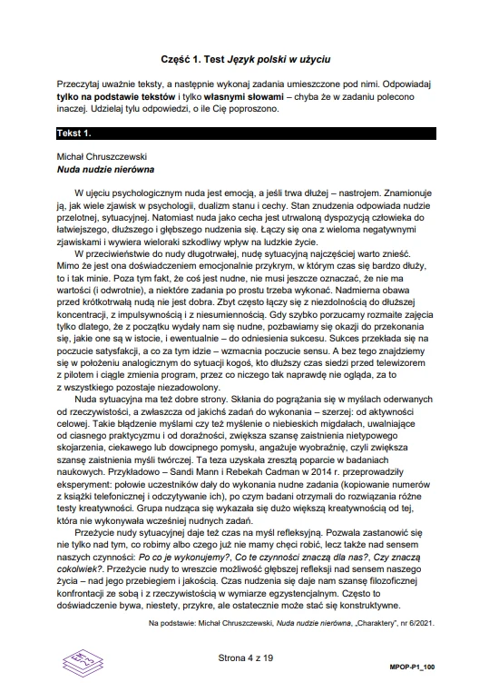 Strona testu z języka polskiego zawierająca instrukcje oraz tekst do czytania autorstwa Michała Chruszczewskiego, zatytułowany 'Muza młodzież zrównoważona'; tekst omawia niuanse emocji i nastrojów oraz ich wpływ na przeżycia człowieka, skupiając się na...