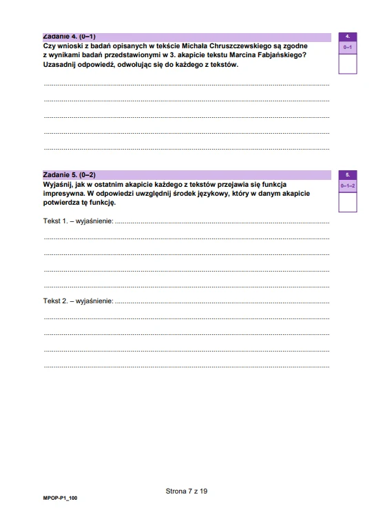 Dwie ramki z zadaniami egzaminacyjnymi z miejsca na odpowiedzi ucznia, utrzymane w odcieniach fioletu i bieli, obejmujące polecenia dotyczące analizy tekstów i argumentacji, bez widocznych ilustracji lub zdjęć osób.