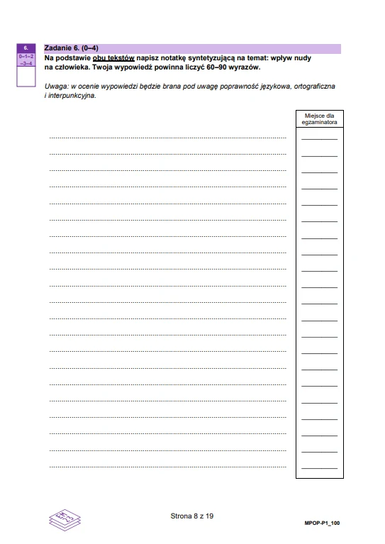 Arkusz egzaminacyjny z zadaniem polegającym na napisaniu krótkiej notatki na temat wpływu nudy na człowieka, zawierający wyznaczone miejsce na odpowiedź oraz kolumnę przeznaczoną na wpisanie liczby wyrazów i ocenę wypowiedzi.