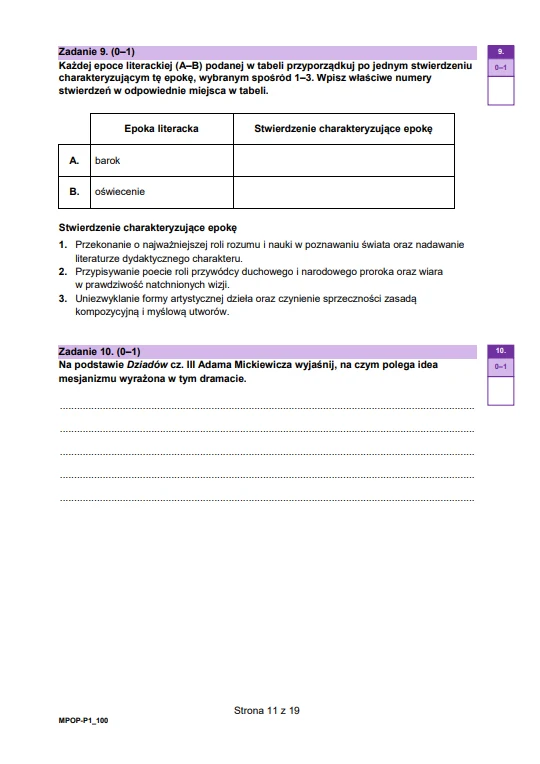 Fragment arkusza egzaminacyjnego z języka polskiego zawierający zadania dotyczące literatury; pierwsze polega na dopasowaniu cechy do epoki literackiej (barok, oświecenie), a drugie na wyjaśnieniu pojęcia mesjanizmu według Adama Mickiewicza; poniżej mi...