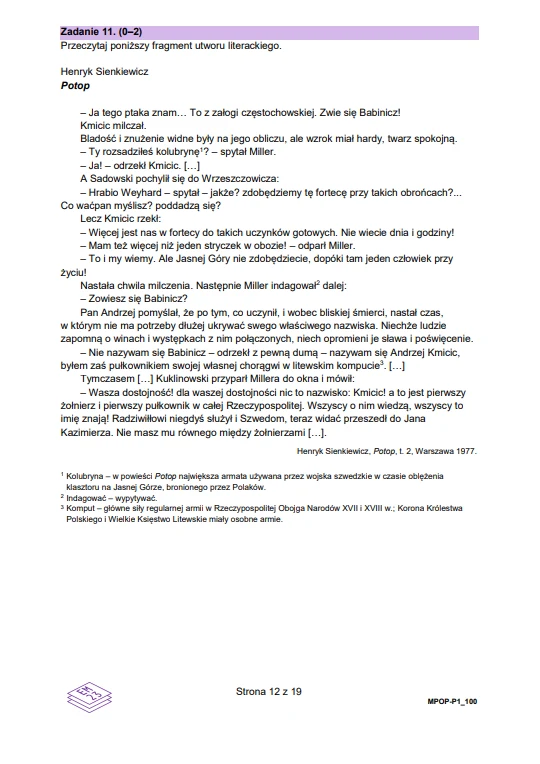 Fragment arkusza egzaminacyjnego z języka polskiego zawierający zadanie dotyczące analizy tekstu literackiego "Potop" Henryka Sienkiewicza, z cytowanym fragmentem rozmowy między postaciami oraz poleceniem dotyczącym wypowiedzi pisemnej na temat podaneg...