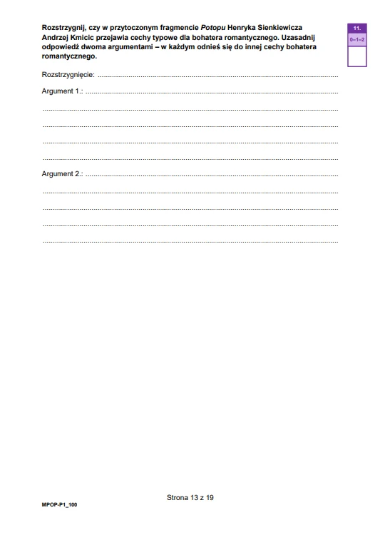 Kartka egzaminacyjna z poleceniem dotyczącym analizy postaci Andrzeja Kmicica z 'Potopu' Henryka Sienkiewicza, zawierająca miejsce na rozstrzygnięcie oraz dwa argumenty; w prawym górnym rogu widoczny fioletowy znacznik z napisem 'E-arkusz'.