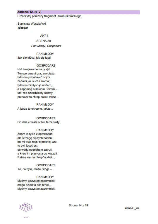 Fragment dramatu Stanisława Wyspiańskiego „Wesele” zawierający rozmowę pomiędzy Panem Młodym a Gospodarzem z podziałem na akty, sceny i wypowiedzi bohaterów, przedstawiony w formie czytelnego tekstu na białym tle.