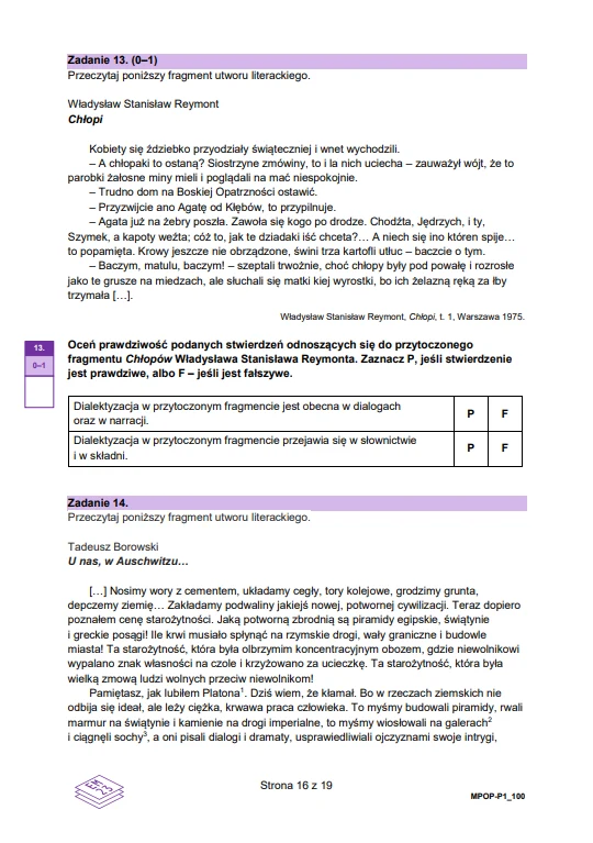 Strona podręcznika zawierająca zadania z języka polskiego; w górnej części znajduje się fragment utworu „Chłopi” Władysława Reymonta z poleceniem, poniżej tabelka do zaznaczania prawdziwości stwierdzeń, a w dolnej części zamieszczono kolejne polecenie ...
