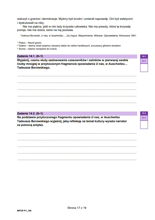 Fragment arkusza egzaminacyjnego z tekstem literackim Tadeusza Borowskiego oraz dwoma zadaniami otwartymi wymagającymi analizy fragmentu opowiadania i refleksji nad jego treścią, poniżej miejsca na odpowiedzi ucznia.