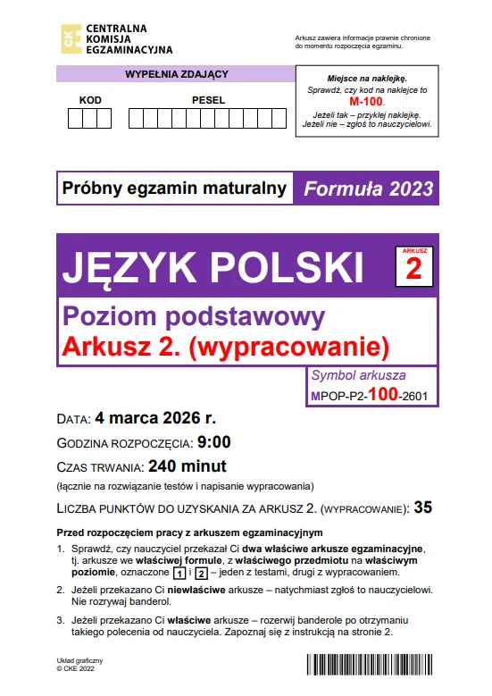 Arkusz egzaminacyjny do matury próbnej z języka polskiego na poziomie podstawowym, edycja 2023, zawierający informacje o dacie egzaminu, czasie trwania, punktacji oraz instrukcjach dla zdającego, wyróżnione pole z napisem 'JĘZYK POLSKI', miejsce na kod...