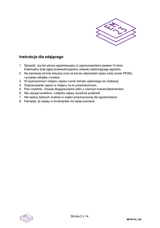 Instrukcja dla zdającego w formie listy punktowanej, zawierająca szczegółowe zalecenia dotyczące egzaminu, w tym sprawdzenie liczby stron arkusza, wpisanie numeru PESEL, zakaz używania korektora oraz informacje o sposobie zapisywania odpowiedzi; u góry...
