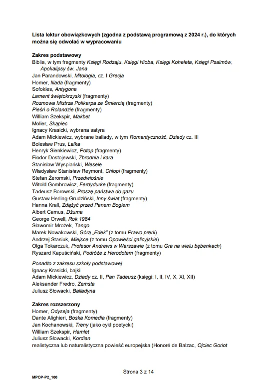 Lista lektur obowiązkowych podzielona na zakres podstawowy i rozszerzony, obejmująca tytuły oraz fragmenty dzieł literatury polskiej i światowej wraz z nazwiskami autorów, zawierająca wytyczne dotyczące tekstów, do których uczniowie mogą odwoływać się ...