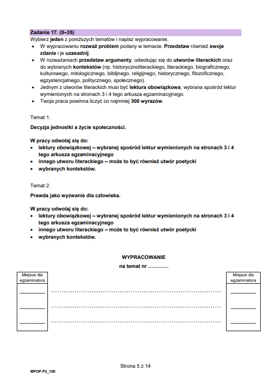 Fragment arkusza egzaminacyjnego z języka polskiego, zawierający instrukcję do zadania 17 oraz dwa tematy rozprawki do wyboru, miejsce na wpisanie numeru tematu oraz wydzielone pola na odpowiedź; główne elementy to tekst zadania, wyraźne nagłówki temat...